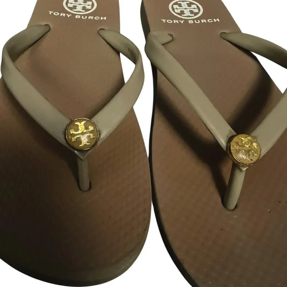 Tory Burch Signature Monogram Brown Flip-Flops Women's Size 5.5/6 Casual Luxury
